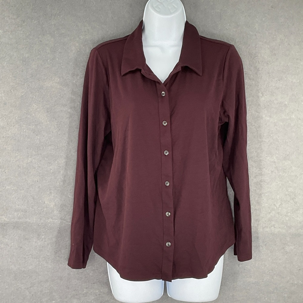J Jill Top Womens Sz M Burgundy Long Sleeve Button Up Shirt Casual